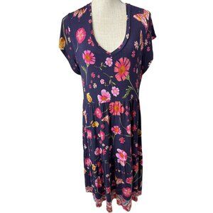 Johnny Was Womens Floral & Butterfly Patterned Boho V-Neck Short Sleeve Dress si